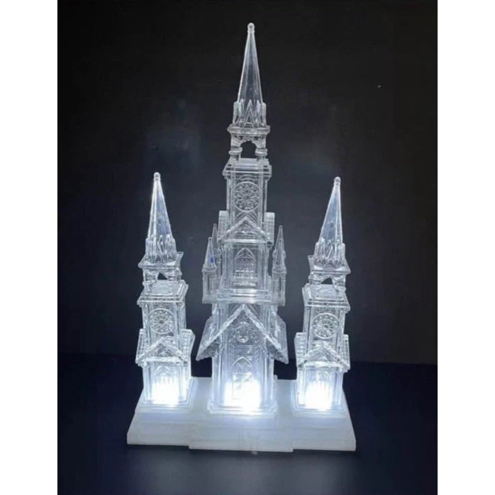 Vtg Christmas Cathedral Lighted Table Decor Plays Silent Night Clear Plastic 17"